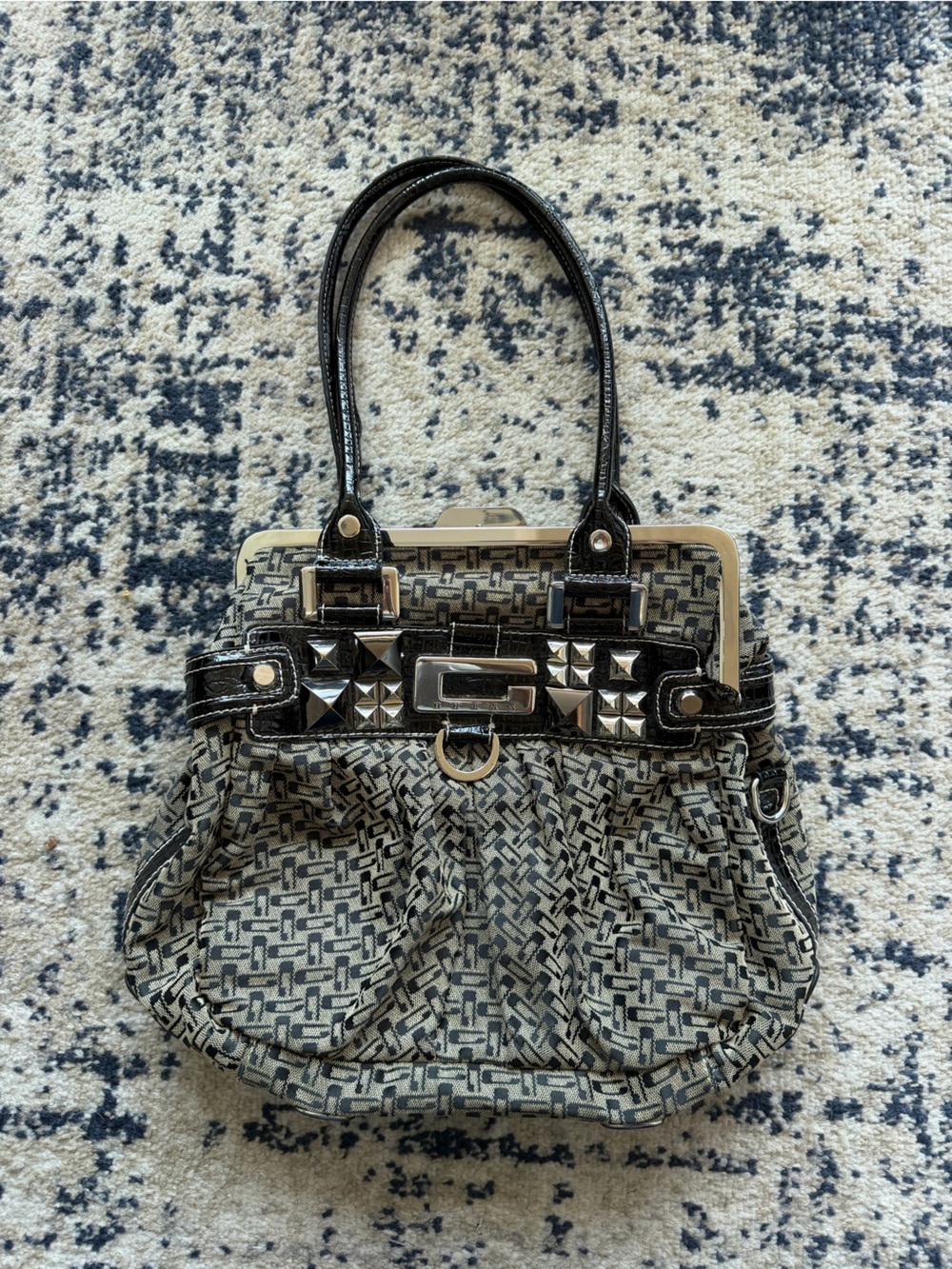 Y2KBlack and Gray vintage GUESS Patterned Women’s Shoulder Bag with Studded Trim